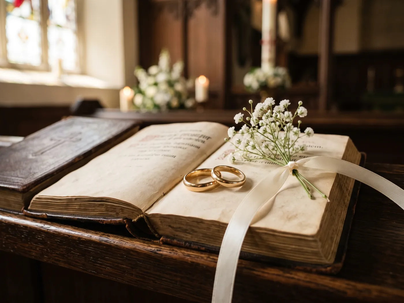 Alianças de ouro sobre um missal antigo, num banco da igreja